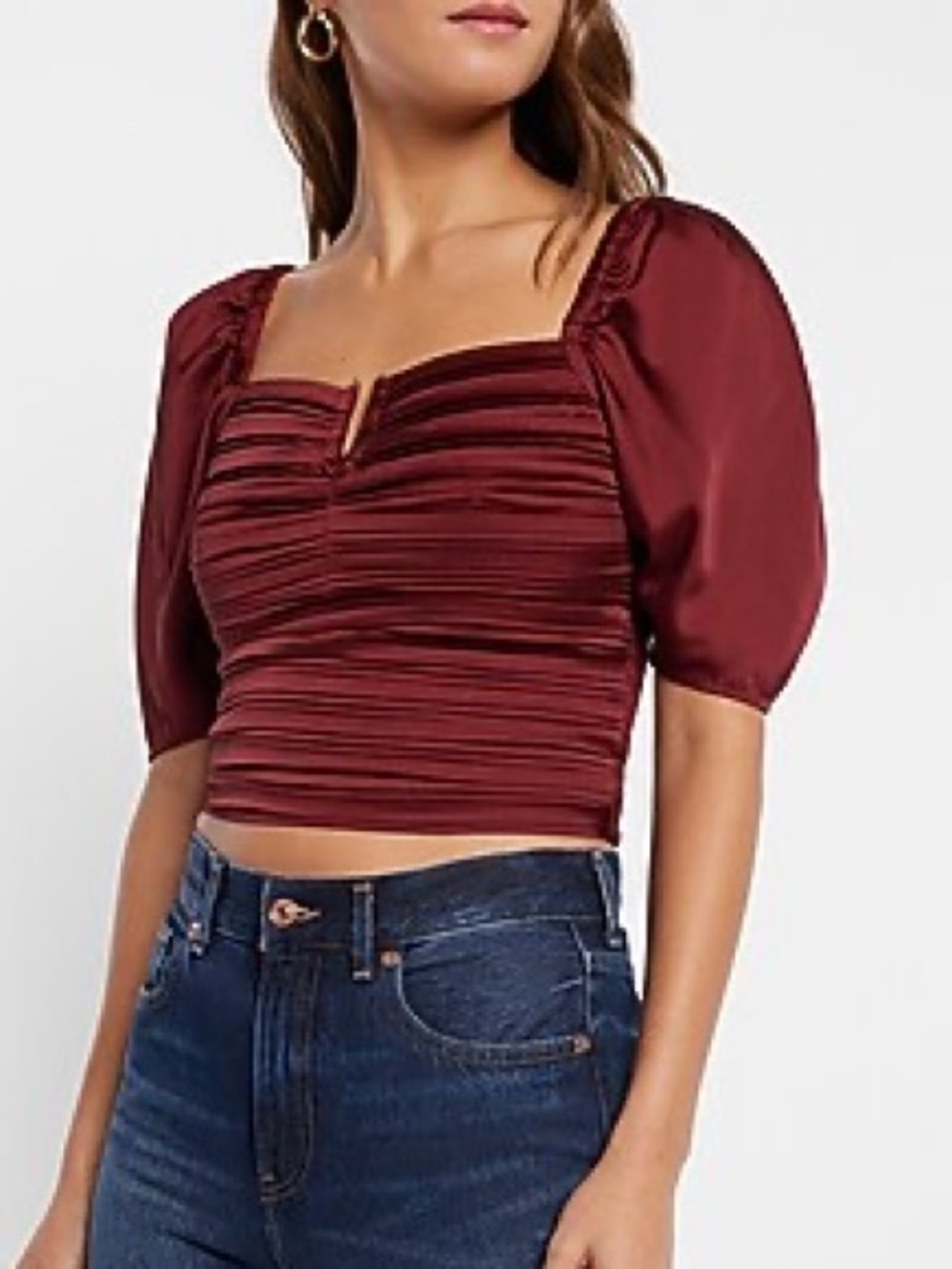 Express Satin Ruched V-Bar Cropped Top in Burgundy Size XS